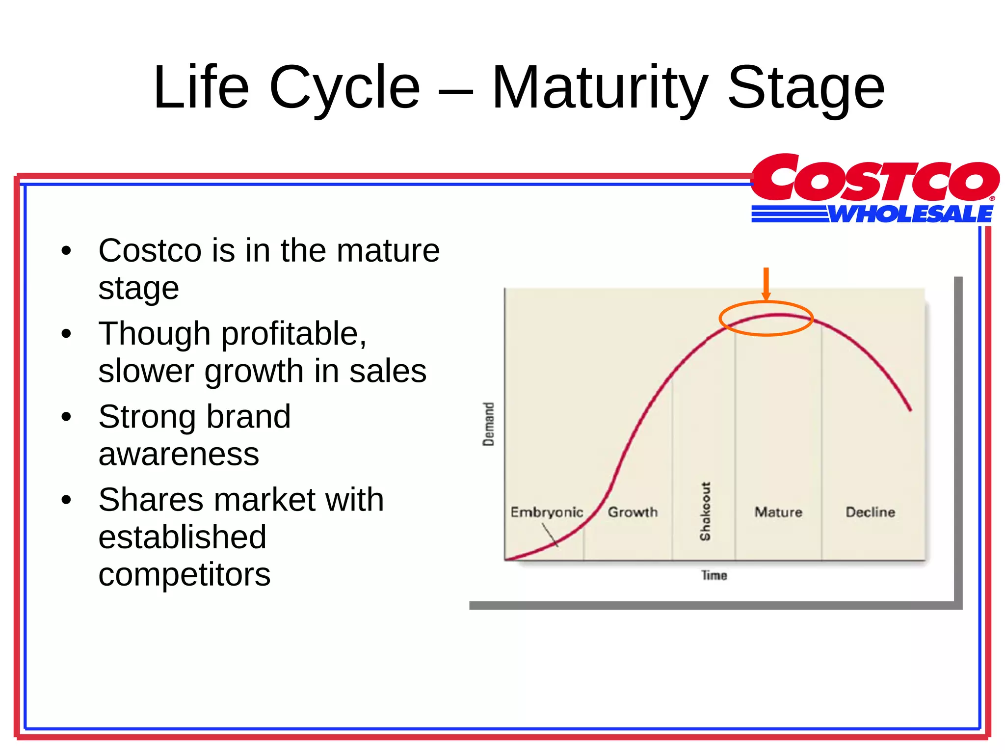 Life Cycle – Maturity Stage Costco is in the mature stage Though profitable, slower growth in sales Strong brand awareness Shares market with established competitors 