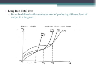 • Long Run Total Cost
▫ It can be defined as the minimum cost of producing different level of
output in a long run.
 
