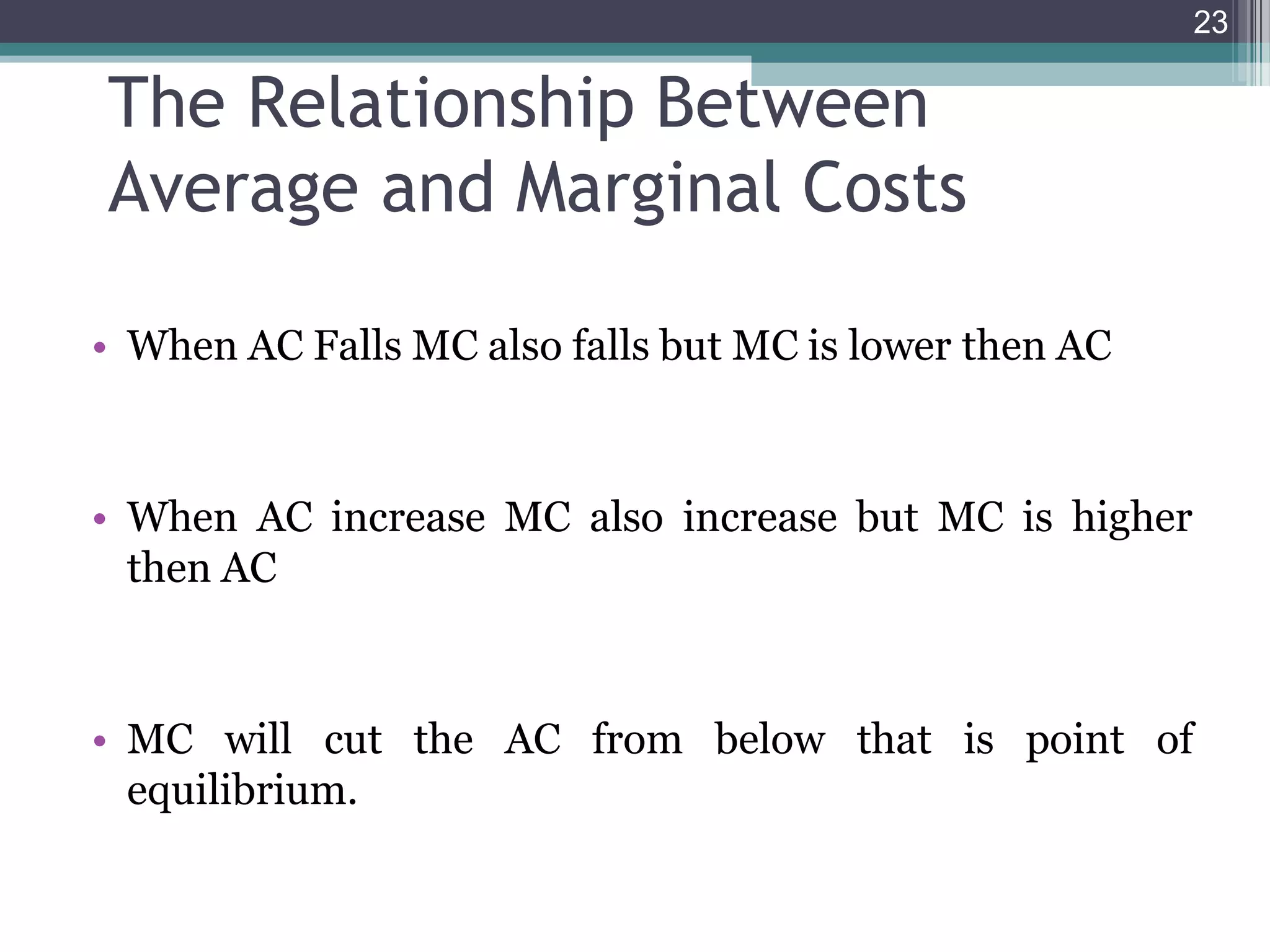 23
The Relationship Between
Average and Marginal Costs
• When AC Falls MC also falls but MC is lower then AC
• When AC increase MC also increase but MC is higher
then AC
• MC will cut the AC from below that is point of
equilibrium.
 