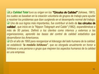 La  Calidad Total  tuvo su origen en los  "Círculos de Calidad"  (Isikawa, 1961), los cuales se basaban en la creación voluntaria de grupos de trabajo para ayudar a resolver los problemas que iban surgiendo en el desempeño normal del trabajo.  Uno de sus logros más importantes, fue contribuir al éxito de  los círculos de calidad  , que inicio en la "Nippon Telegraph and Cable" (1962), expandiéndose a más de 50 países. Definió a los clientes como internos y externos a las organizaciones, aprendió las bases del control de calidad estadístico que desarrollaron los Americanos. En el año de 1993 para reorganizar el liderazgo del lado humano de la calidad, se estableció “ la medalla Ishikawa” , que es otorgada anualmente en honor a Ishikawa a una persona o grupo que mejoren los aspectos humanos de la calidad en una empresa.  