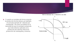  Y cuando se considera de forma conjunta
la producción de dos bienes, por ejemplo,
el conocido ejemplo de “cañones por
mantequilla”, de nuevo se enfatiza en la
necesidad de que la sociedad comprenda
que todo esfuerzo aplicado en la
producción de cañones reducirá la
producción de mantequilla y viceversa.
 