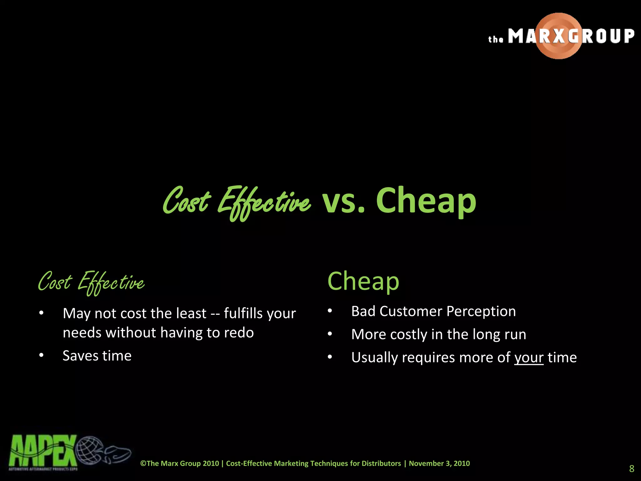 ©The Marx Group 2010 | Cost-Effective Marketing Techniques for Distributors | November 3, 2010
Cost Effective
• May not cost the least -- fulfills your
needs without having to redo
• Saves time
8
Cheap
• Bad Customer Perception
• More costly in the long run
• Usually requires more of your time
Cost Effective vs. Cheap
 