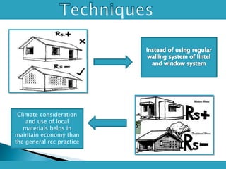 Climate consideration
and use of local
materials helps in
maintain economy than
the general rcc practice
 