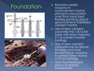    Random rubble
    masonry in
    mud/cement mortar
    placed in excavation
    over thick sand bed.
    Rubble pointing above
    ground level in stabilized
    cement mortar.
   Use of lean cement
    concrete mix 1:8:16 for
    base with brick masonry
    in 1:6 cement mortar
    footings.
   Use of lean cement
    concrete mix as above
    for base and over
    burned bricks masonry
    in cement lime mortar
    (1:2:12) footings.
   Arch foundations in
    place of spread
    foundations
 