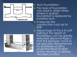    Arch foundation-
   This type of foundation
    was used in olden times
    where in spread
    foundation is replaced by
    inverted arch .
   It reduces the
    construction cost up to
    40%
   Advantage of this is-In soft
    soils that the depth of
    foundation can be greatly
    reduced; disadvantage is
    that the end piers have to
    be specially strengthened
    by buttresses so as to
    avoid the thrust to arch
    action tending to rapture
    the piers junction.
 