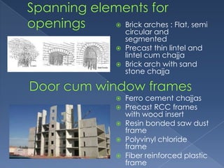    Brick arches : Flat, semi
    circular and
    segmented
   Precast thin lintel and
    lintel cum chajja
   Brick arch with sand
    stone chajja


   Ferro cement chajjas
   Precast RCC frames
    with wood insert
   Resin bonded saw dust
    frame
   Polyvinyl chloride
    frame
   Fiber reinforced plastic
    frame
 