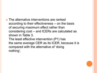  The alternative interventions are ranked
according to their effectiveness – on the basis
of securing maximum effect rather than
considering cost – and ICERs are calculated as
shown in Table 3.
The least effective intervention (P1) has
the same average CER as its ICER, because it is
compared with the alternative of ‘doing
nothing’.
 