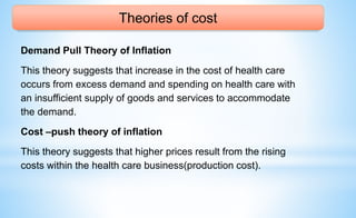 Theories of cost
Demand Pull Theory of Inflation
This theory suggests that increase in the cost of health care
occurs from excess demand and spending on health care with
an insufficient supply of goods and services to accommodate
the demand.
Cost –push theory of inflation
This theory suggests that higher prices result from the rising
costs within the health care business(production cost).
 