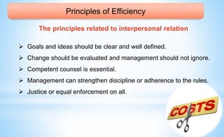 Principles of Efficiency
The principles related to interpersonal relation
 Goals and ideas should be clear and well defined.
 Change should be evaluated and management should not ignore.
 Competent counsel is essential.
 Management can strengthen discipline or adherence to the rules.
 Justice or equal enforcement on all.
 