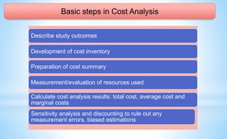Basic steps in Cost Analysis
Describe study outcomes
Development of cost inventory
Preparation of cost summary
Measurement/evaluation of resources used
Calculate cost analysis results: total cost, average cost and
marginal costs
Sensitivity analysis and discounting to rule out any
measurement errors, biased estimations
 