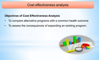 Cost effectiveness analysis
Objectives of Cost Effectiveness Analysis
• To compare alternative programs with a common health outcome
• To assess the consequences of expanding an existing program.
 