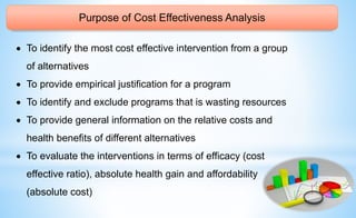 Purpose of Cost Effectiveness Analysis
 To identify the most cost effective intervention from a group
of alternatives
 To provide empirical justification for a program
 To identify and exclude programs that is wasting resources
 To provide general information on the relative costs and
health benefits of different alternatives
 To evaluate the interventions in terms of efficacy (cost
effective ratio), absolute health gain and affordability
(absolute cost)
 