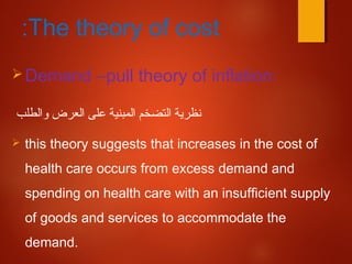 The theory of cost:
Demand –pull theory of inflation:
‫والطلب‬ ‫العرض‬ ‫على‬ ‫المبنية‬ ‫التضخم‬ ‫نظرية‬
 this theory suggests that increases in the cost of
health care occurs from excess demand and
spending on health care with an insufficient supply
of goods and services to accommodate the
demand.
 