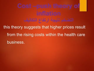 Cost –push theory of
inflation
‫التكاليف‬ ‫ارتفاع‬ ‫نتيجة‬ ‫التضخم‬
this theory suggests that higher prices result
from the rising costs within the health care
business.
 
