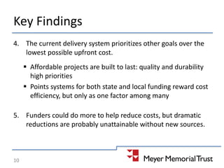 Key Findings
4. The current delivery system prioritizes other goals over the
lowest possible upfront cost.
 Affordable projects are built to last: quality and durability
high priorities
 Points systems for both state and local funding reward cost
efficiency, but only as one factor among many
5. Funders could do more to help reduce costs, but dramatic
reductions are probably unattainable without new sources.
10
 