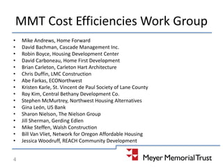 MMT Cost Efficiencies Work Group
• Mike Andrews, Home Forward
• David Bachman, Cascade Management Inc.
• Robin Boyce, Housing Development Center
• David Carboneau, Home First Development
• Brian Carleton, Carleton Hart Architecture
• Chris Duffin, LMC Construction
• Abe Farkas, ECONorthwest
• Kristen Karle, St. Vincent de Paul Society of Lane County
• Roy Kim, Central Bethany Development Co.
• Stephen McMurtrey, Northwest Housing Alternatives
• Gina León, US Bank
• Sharon Nielson, The Nielson Group
• Jill Sherman, Gerding Edlen
• Mike Steffen, Walsh Construction
• Bill Van Vliet, Network for Oregon Affordable Housing
• Jessica Woodruff, REACH Community Development
4
 