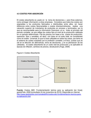 24
4.5 COSTEO POR ABSORCIÓN
El costeo absorbente es usado en la toma de decisiones y para fines externos,
como entregar información a otras empresas. Considera que todos los costos son
asignables a los productos fabricados o distribuibles entre ellos, sin hacer
diferencia entre costos fijos/variables o costos directos/indirectos, realiza una
valuación superior de inventarios de productos en proceso y terminados, por lo
que es recomendable para la información financiera, al no violar el principio del
periodo contable, ya que refleja los costos fijos al nivel de la producción realizada
en un periodo determinado. Fija los precios con base a los costos de producción,
operación, fijos y variables, es decir, con base en el costo total, es considerado
como el costeo universal, lo que lo hace utilizable en todos los casos, por tanto es
el sistema de costeo aceptado por la profesión contable y el fisco, puesto que es
útil en la elección de alternativas, toma de decisiones, y en la planeación de las
utilidades, el costeo absorbente da un costo real de producción y es aplicable en
épocas de inflación, cambios de precios, devaluación.(Faga, 2006)
Figura 4. Costeo Absorbente
Fuente: Costos ABC. Fundamentación teórica para su aplicación [en línea].
gestioPolis, 2008 [consultado 24 de noviembre de 2010]. Disponible en internet:
http://www.gestiopolis.com/canales8/fin/costos-abc-fundamentacion-teorica-para-
su-aplicacion.htm
 