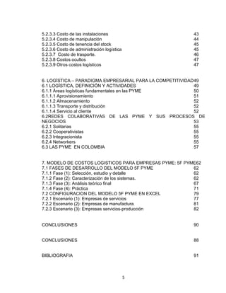5
5.2.3.3 Costo de las instalaciones ....................................................................43
5.2.3.4 Costo de manipulación..........................................................................44
5.2.3.5 Costo de tenencia del stock..................................................................45
5.2.3.6 Costo de administración logística .........................................................45
5.2.3.7 Costo de trasporte. ..............................................................................46
5.2.3.8 Costos ocultos ......................................................................................47
5.2.3.9 Otros costos logísticos..........................................................................47
6. LOGÍSTICA – PARADIGMA EMPRESARIAL PARA LA COMPETITIVIDAD49
6.1 LOGÍSTICA, DEFINICIÓN Y ACTIVIDADES..............................................49
6.1.1 Áreas logísticas fundamentales en las PYME..........................................50
6.1.1.1 Aprovisionamiento ................................................................................51
6.1.1.2 Almacenamiento ...................................................................................52
6.1.1.3 Transporte y distribución.......................................................................52
6.1.1.4 Servicio al cliente..................................................................................52
6.2REDES COLABORATIVAS DE LAS PYME Y SUS PROCESOS DE
NEGOCIOS.......................................................................................................53
6.2.1 Solitarias ..................................................................................................55
6.2.2 Cooperativistas ........................................................................................55
6.2.3 Integracionista..........................................................................................55
6.2.4 Networkers...............................................................................................55
6.3 LAS PYME EN COLOMBIA .......................................................................57
7. MODELO DE COSTOS LOGISTICOS PARA EMPRESAS PYME: 5F PYME62
7.1 FASES DE DESARROLLO DEL MODELO 5F PYME................................62
7.1.1 Fase (1): Selección, estudio y detalle. .....................................................62
7.1.2 Fase (2): Caracterización de los sistemas. ..............................................62
7.1.3 Fase (3): Análisis teórico final..................................................................67
7.1.4 Fase (4): Práctica.....................................................................................71
7.2 CONFIGURACION DEL MODELO 5F PYME EN EXCEL ..........................79
7.2.1 Escenario (1): Empresas de servicios ....................................................77
7.2.2 Escenario (2): Empresas de manufactura................................................81
7.2.3 Escenario (3): Empresas servicios-producción........................................82
CONCLUSIONES .............................................................................................90
CONCLUSIONES .............................................................................................88
BIBLIOGRAFIA.................................................................................................91
 