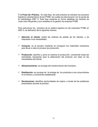 71
7.1.4 Fase (4): Práctica. En esta fase, de corte práctica se estudian los procesos
logísticos característicos de las PYME, los cuales se estructuraron con la ayuda de
la metodología IDEF 0. Esta fase presenta en forma detallada los factores de
costo más influyentes y sus variables en la gestión de empresa PYME.
Para estructurar los procesos de la cadena logística en las empresas PYME en
IDEF 0, se definieron de la siguiente manera:
Atención al cliente: recibe las órdenes de pedido de los clientes, y da
respuesta a sus necesidades.
Compras: es el proceso mediante se consiguen los materiales necesarios
para llevar a cabo el proceso de producción.
Producción: planifica y pone en práctica la producción, comprende todas las
actividades necesarias para la elaboración del producto con base en las
necesidades del cliente.
Almacenamiento: se encarga del mantenimiento del inventario.
Distribución: se encarga de la entrega de los productos a los consumidores
en el tiempo y condiciones establecidas.
Devoluciones: identifica oportunidades de mejora, a través de los problemas
presentados durante el proceso.
 