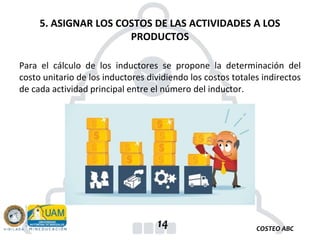 COSTEO ABC
14
Para el cálculo de los inductores se propone la determinación del
costo unitario de los inductores dividiendo los costos totales indirectos
de cada actividad principal entre el número del inductor.
5. ASIGNAR LOS COSTOS DE LAS ACTIVIDADES A LOS
PRODUCTOS
 