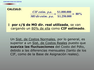 CONTABILIDAD DE COSTOS
CALCULOCALCULO:
 por c/$ de MO dir. real utilizadapor c/$ de MO dir. real utilizada, se van
cargando un 80% de ella como CIF estimado.
%80
000.250.1$
000.000.1$
...
...
==
apestimdirMO
apestimCIF
Un Sist. de Costos Normales, por lo general, es
superior a un Sist. de Costos Reales puesto que
suaviza las fluctuacionessuaviza las fluctuaciones del Costo del Pdto,
debido a las diferencias mensuales (tanto de los
CIF, como de la Base de Asignación reales).
 
