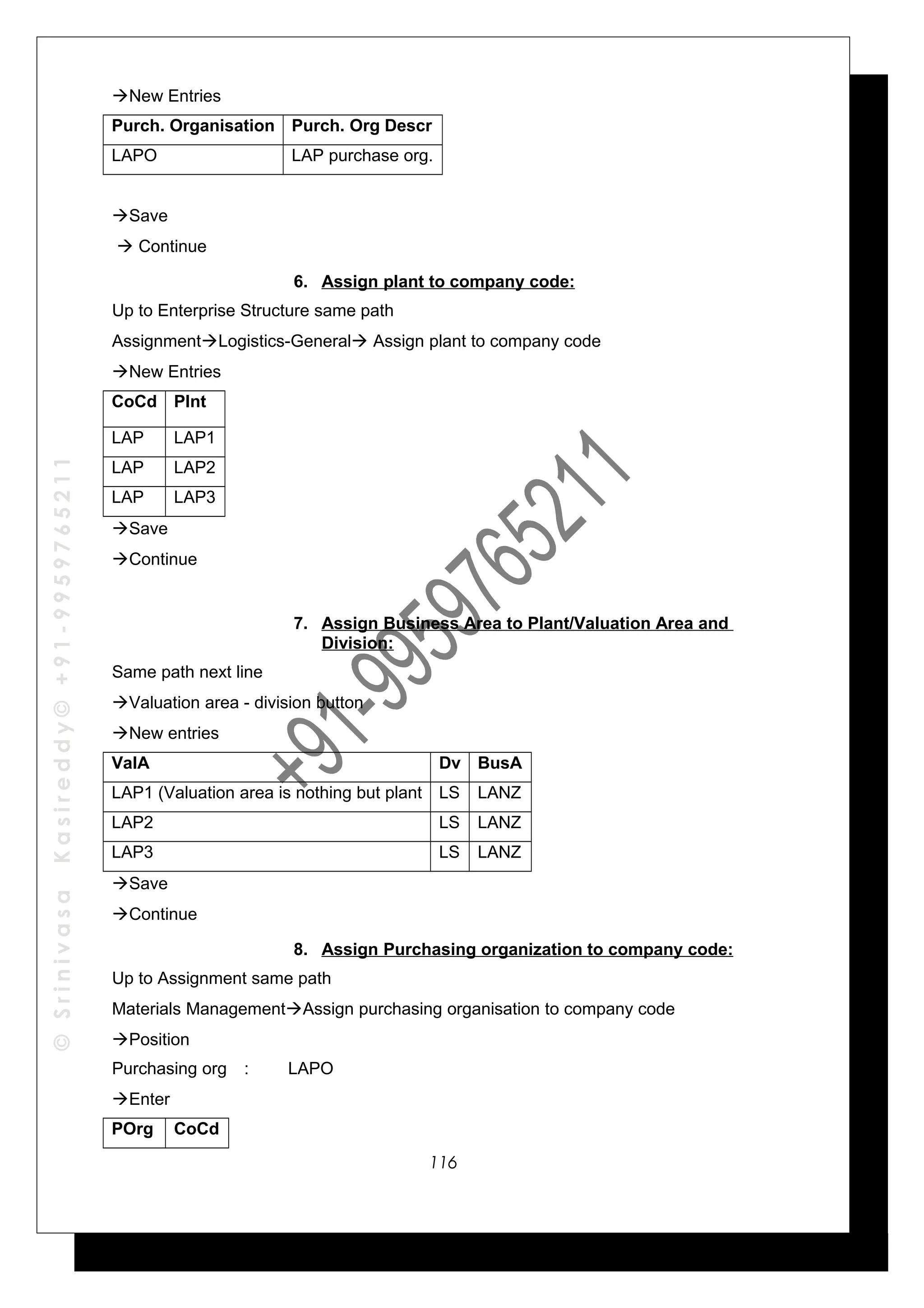 ©SrinivasaKasireddy©+91-9959765211
New Entries
Purch. Organisation Purch. Org Descr
LAPO LAP purchase org.
Save
 Continue
6. Assign plant to company code:
Up to Enterprise Structure same path
AssignmentLogistics-General Assign plant to company code
New Entries
CoCd Plnt
LAP LAP1
LAP LAP2
LAP LAP3
Save
Continue
7. Assign Business Area to Plant/Valuation Area and
Division:
Same path next line
Valuation area - division button
New entries
ValA Dv BusA
LAP1 (Valuation area is nothing but plant LS LANZ
LAP2 LS LANZ
LAP3 LS LANZ
Save
Continue
8. Assign Purchasing organization to company code:
Up to Assignment same path
Materials ManagementAssign purchasing organisation to company code
Position
Purchasing org : LAPO
Enter
POrg CoCd
116
 