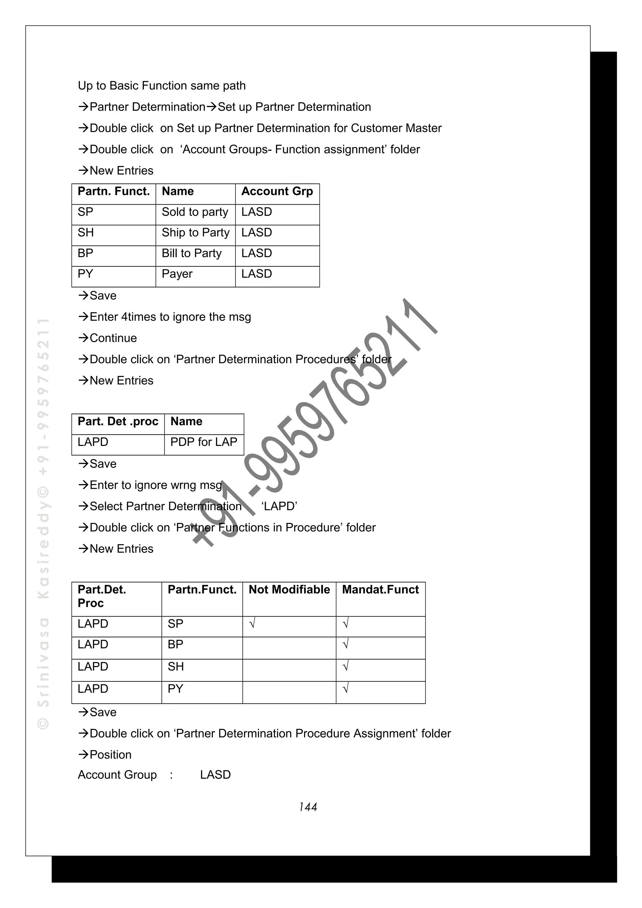©SrinivasaKasireddy©+91-9959765211
Up to Basic Function same path
Partner DeterminationSet up Partner Determination
Double click on Set up Partner Determination for Customer Master
Double click on ‘Account Groups- Function assignment’ folder
New Entries
Partn. Funct. Name Account Grp
SP Sold to party LASD
SH Ship to Party LASD
BP Bill to Party LASD
PY Payer LASD
Save
Enter 4times to ignore the msg
Continue
Double click on ‘Partner Determination Procedures’ folder
New Entries
Part. Det .proc Name
LAPD PDP for LAP
Save
Enter to ignore wrng msg
Select Partner Determination ‘LAPD’
Double click on ‘Partner Functions in Procedure’ folder
New Entries
Part.Det.
Proc
Partn.Funct. Not Modifiable Mandat.Funct
LAPD SP √ √
LAPD BP √
LAPD SH √
LAPD PY √
Save
Double click on ‘Partner Determination Procedure Assignment’ folder
Position
Account Group : LASD
144
 