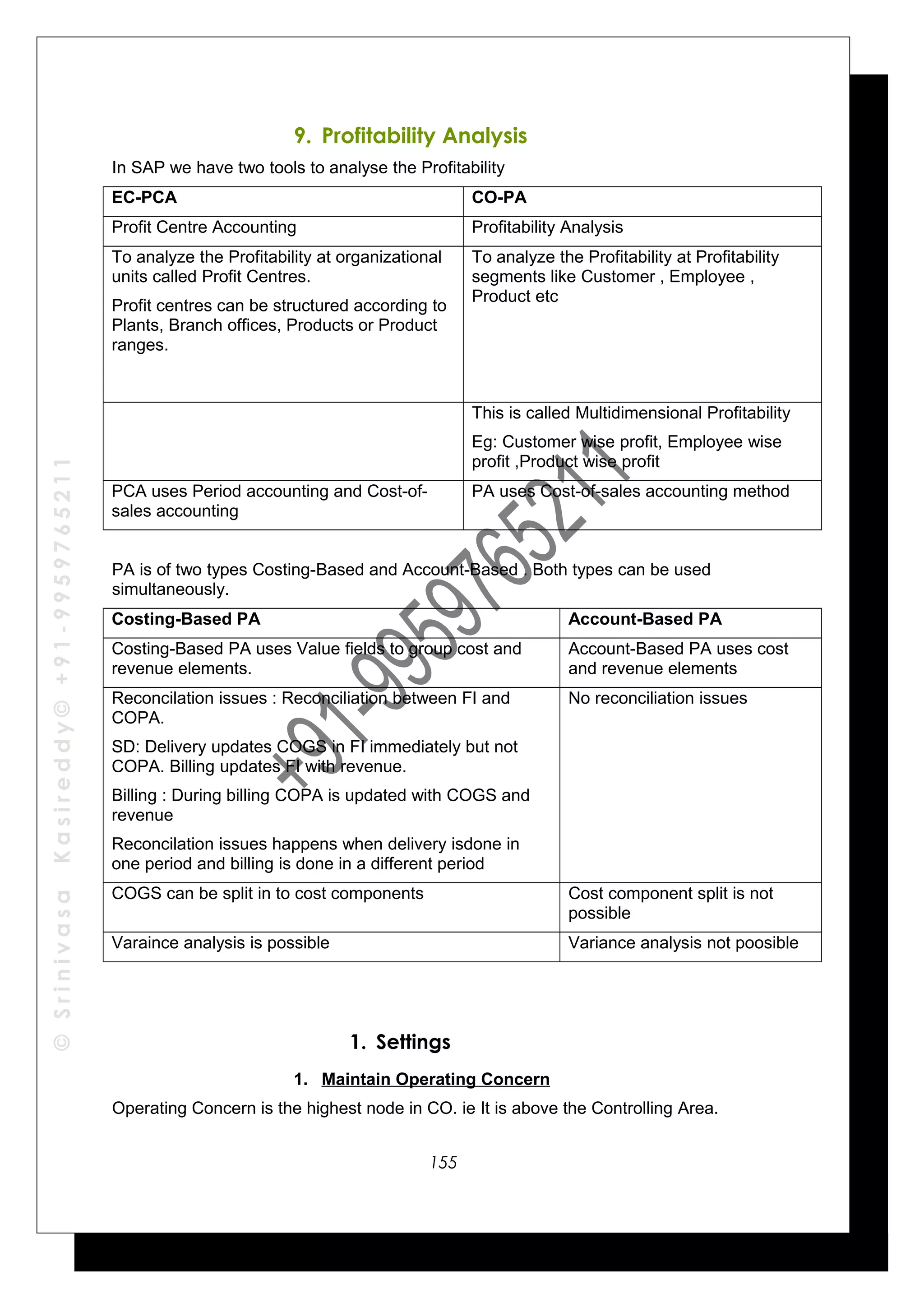 ©SrinivasaKasireddy©+91-9959765211
9. Profitability Analysis
In SAP we have two tools to analyse the Profitability
EC-PCA CO-PA
Profit Centre Accounting Profitability Analysis
To analyze the Profitability at organizational
units called Profit Centres.
Profit centres can be structured according to
Plants, Branch offices, Products or Product
ranges.
To analyze the Profitability at Profitability
segments like Customer , Employee ,
Product etc
This is called Multidimensional Profitability
Eg: Customer wise profit, Employee wise
profit ,Product wise profit
PCA uses Period accounting and Cost-of-
sales accounting
PA uses Cost-of-sales accounting method
PA is of two types Costing-Based and Account-Based . Both types can be used
simultaneously.
Costing-Based PA Account-Based PA
Costing-Based PA uses Value fields to group cost and
revenue elements.
Account-Based PA uses cost
and revenue elements
Reconcilation issues : Reconciliation between FI and
COPA.
SD: Delivery updates COGS in FI immediately but not
COPA. Billing updates FI with revenue.
Billing : During billing COPA is updated with COGS and
revenue
Reconcilation issues happens when delivery isdone in
one period and billing is done in a different period
No reconciliation issues
COGS can be split in to cost components Cost component split is not
possible
Varaince analysis is possible Variance analysis not poosible
1. Settings
1. Maintain Operating Concern
Operating Concern is the highest node in CO. ie It is above the Controlling Area.
155
 