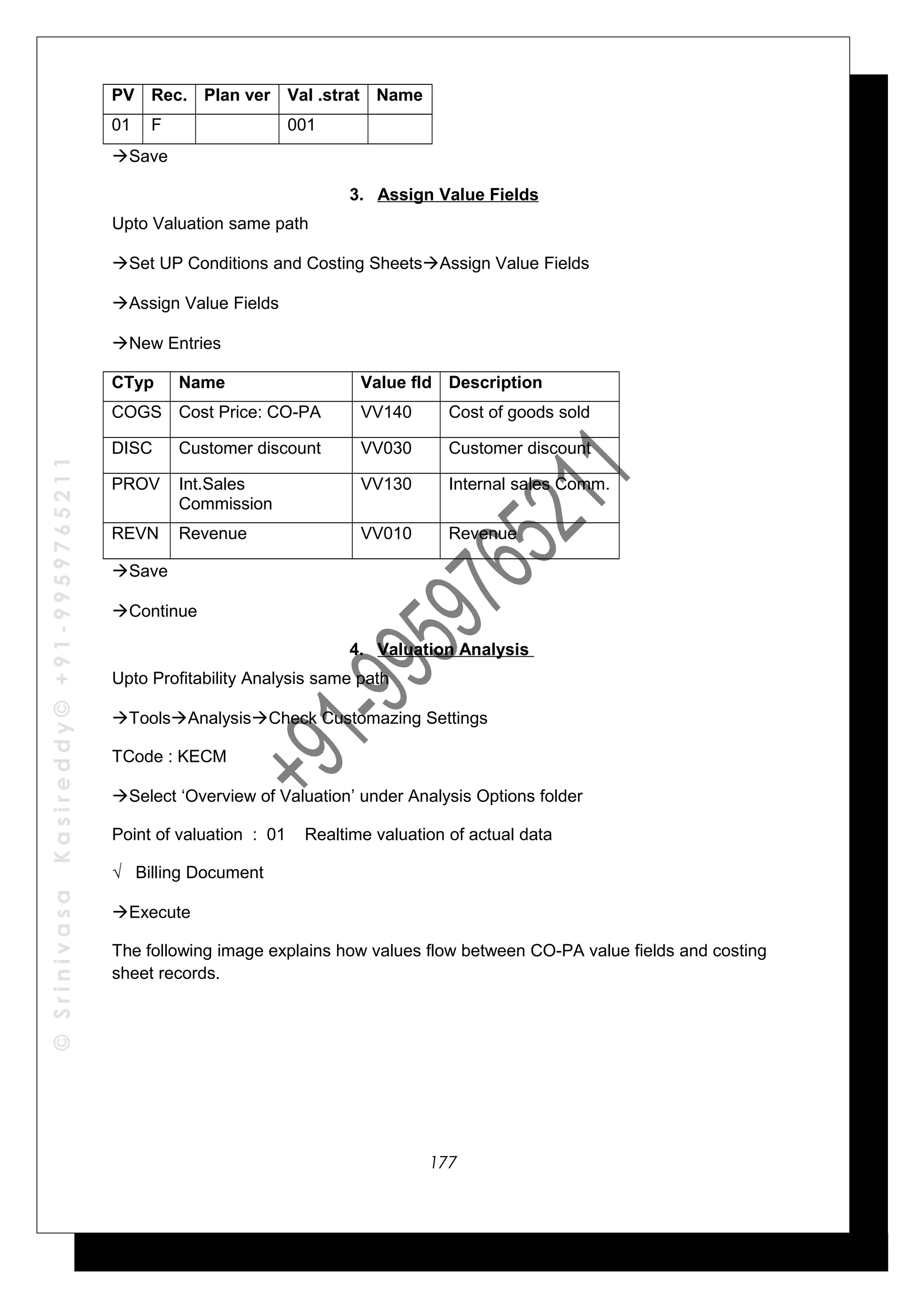 ©SrinivasaKasireddy©+91-9959765211
PV Rec. Plan ver Val .strat Name
01 F 001
Save
3. Assign Value Fields
Upto Valuation same path
Set UP Conditions and Costing SheetsAssign Value Fields
Assign Value Fields
New Entries
CTyp Name Value fld Description
COGS Cost Price: CO-PA VV140 Cost of goods sold
DISC Customer discount VV030 Customer discount
PROV Int.Sales
Commission
VV130 Internal sales Comm.
REVN Revenue VV010 Revenue
Save
Continue
4. Valuation Analysis
Upto Profitability Analysis same path
ToolsAnalysisCheck Customazing Settings
TCode : KECM
Select ‘Overview of Valuation’ under Analysis Options folder
Point of valuation : 01 Realtime valuation of actual data
√ Billing Document
Execute
The following image explains how values flow between CO-PA value fields and costing
sheet records.
177
 