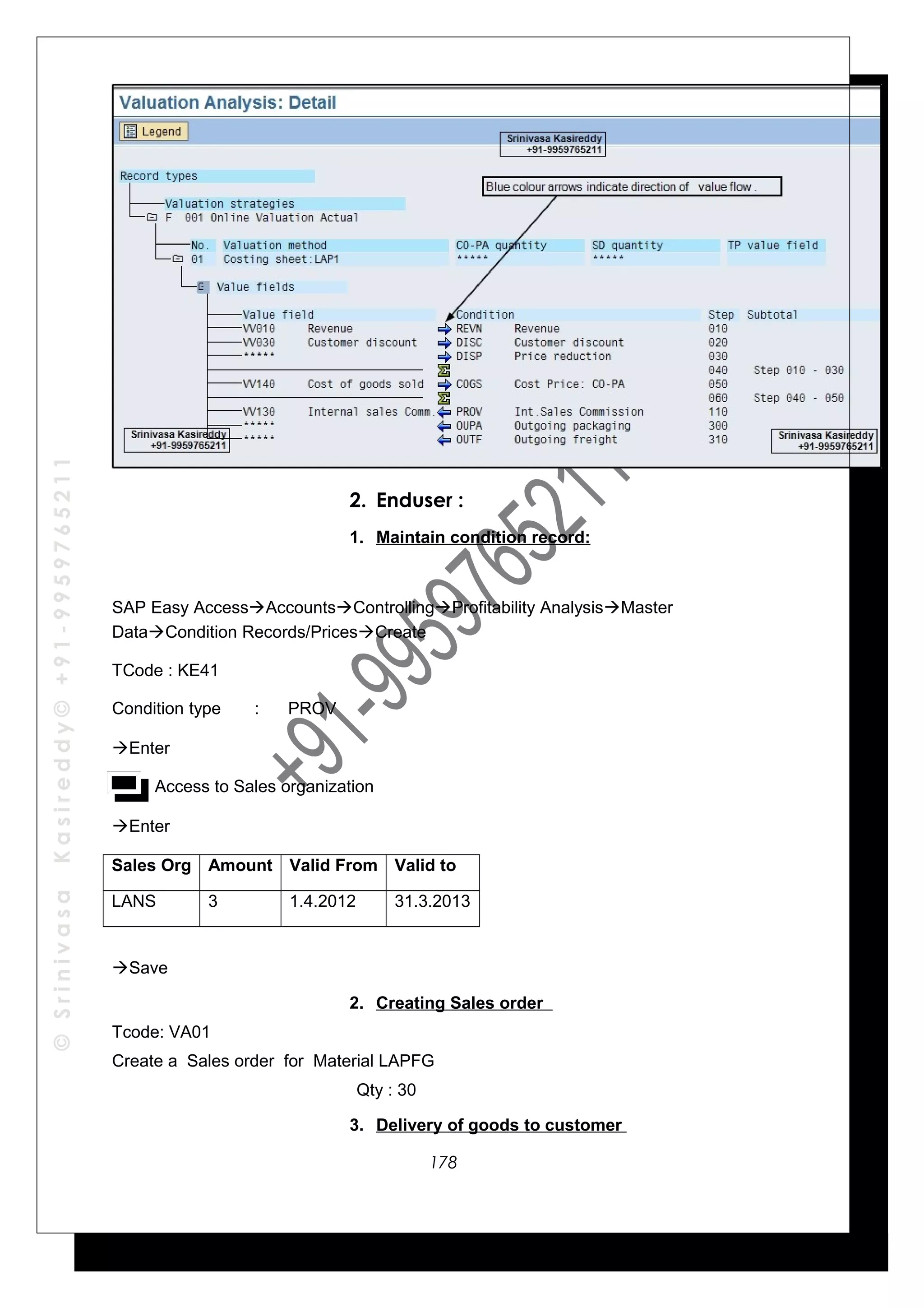 ©SrinivasaKasireddy©+91-9959765211
2. Enduser :
1. Maintain condition record:
SAP Easy AccessAccountsControllingProfitability AnalysisMaster
DataCondition Records/PricesCreate
TCode : KE41
Condition type : PROV
Enter
Access to Sales organization
Enter
Sales Org Amount Valid From Valid to
LANS 3 1.4.2012 31.3.2013
Save
2. Creating Sales order
Tcode: VA01
Create a Sales order for Material LAPFG
Qty : 30
3. Delivery of goods to customer
178
 