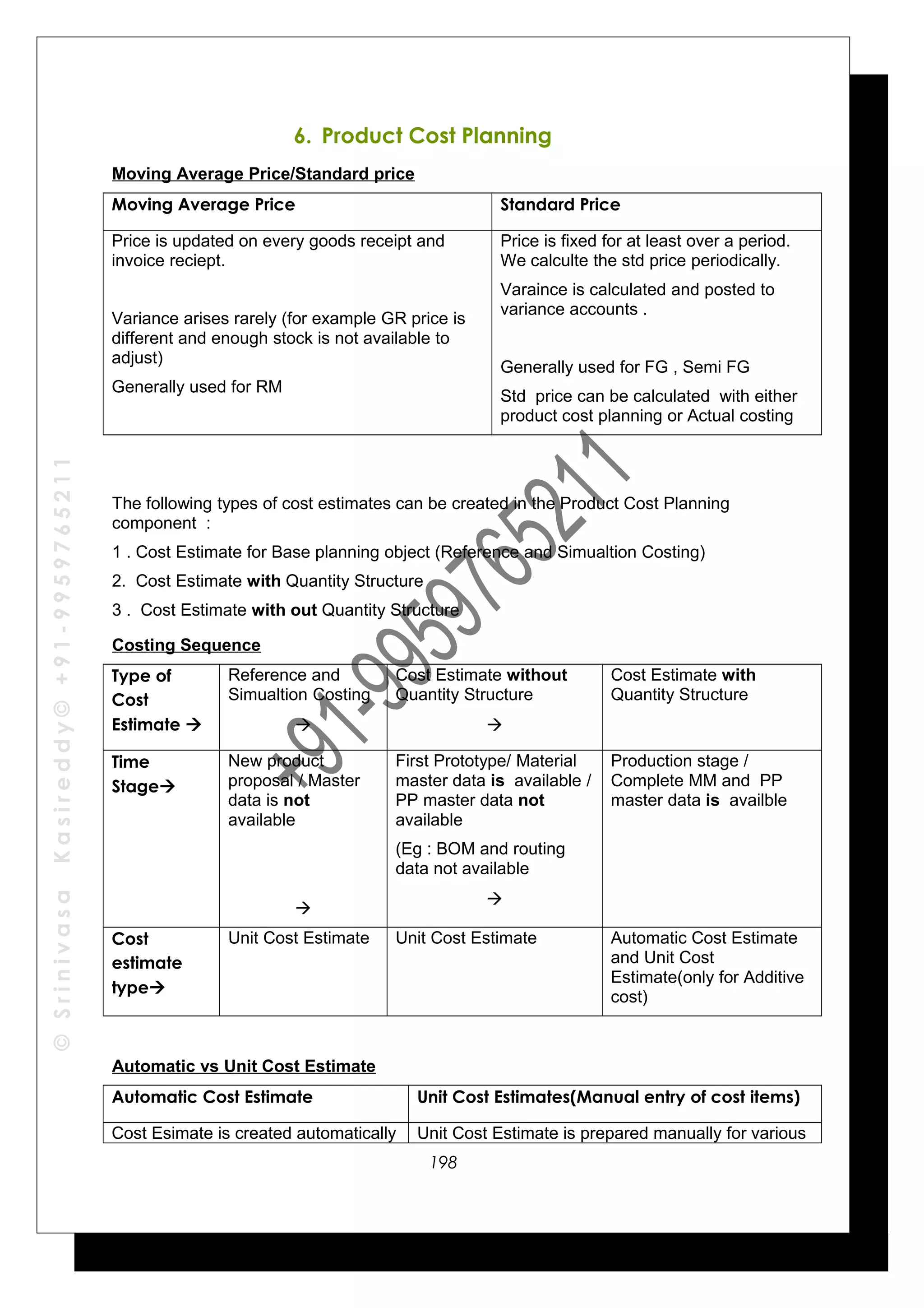 ©SrinivasaKasireddy©+91-9959765211
6. Product Cost Planning
Moving Average Price/Standard price
Moving Average Price Standard Price
Price is updated on every goods receipt and
invoice reciept.
Variance arises rarely (for example GR price is
different and enough stock is not available to
adjust)
Generally used for RM
Price is fixed for at least over a period.
We calculte the std price periodically.
Varaince is calculated and posted to
variance accounts .
Generally used for FG , Semi FG
Std price can be calculated with either
product cost planning or Actual costing
The following types of cost estimates can be created in the Product Cost Planning
component :
1 . Cost Estimate for Base planning object (Reference and Simualtion Costing)
2. Cost Estimate with Quantity Structure
3 . Cost Estimate with out Quantity Structure
Costing Sequence
Type of
Cost
Estimate 
Reference and
Simualtion Costing

Cost Estimate without
Quantity Structure

Cost Estimate with
Quantity Structure
Time
Stage
New product
proposal / Master
data is not
available

First Prototype/ Material
master data is available /
PP master data not
available
(Eg : BOM and routing
data not available

Production stage /
Complete MM and PP
master data is availble
Cost
estimate
type
Unit Cost Estimate Unit Cost Estimate Automatic Cost Estimate
and Unit Cost
Estimate(only for Additive
cost)
Automatic vs Unit Cost Estimate
Automatic Cost Estimate Unit Cost Estimates(Manual entry of cost items)
Cost Esimate is created automatically Unit Cost Estimate is prepared manually for various
198
 