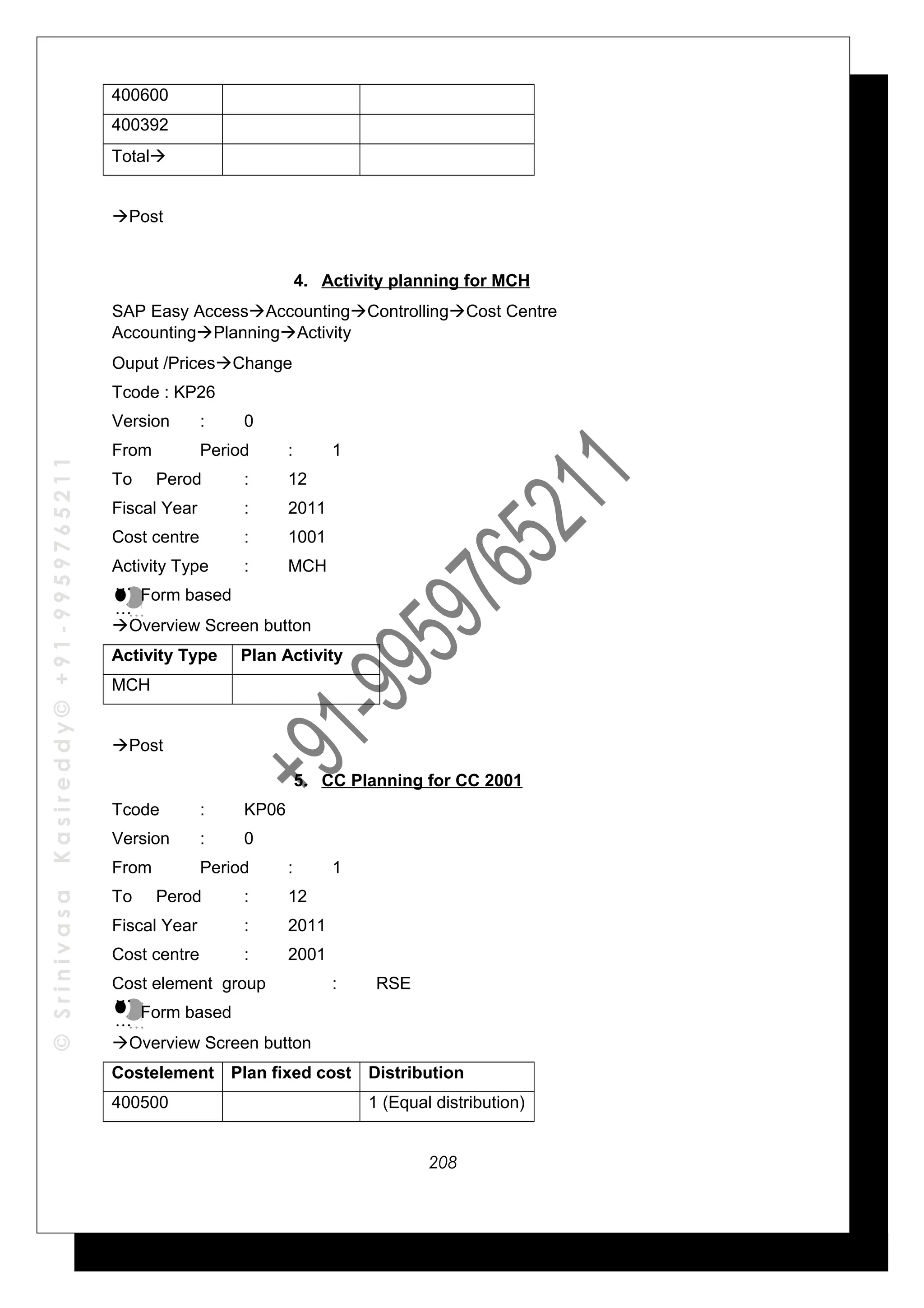 ©SrinivasaKasireddy©+91-9959765211
400600
400392
Total
Post
4. Activity planning for MCH
SAP Easy AccessAccountingControllingCost Centre
AccountingPlanningActivity
Ouput /PricesChange
Tcode : KP26
Version : 0
From Period : 1
To Perod : 12
Fiscal Year : 2011
Cost centre : 1001
Activity Type : MCH
Form based
Overview Screen button
Activity Type Plan Activity
MCH
Post
5. CC Planning for CC 2001
Tcode : KP06
Version : 0
From Period : 1
To Perod : 12
Fiscal Year : 2011
Cost centre : 2001
Cost element group : RSE
Form based
Overview Screen button
Costelement Plan fixed cost Distribution
400500 1 (Equal distribution)
…
…
…
…
…
…
…
…
208
 