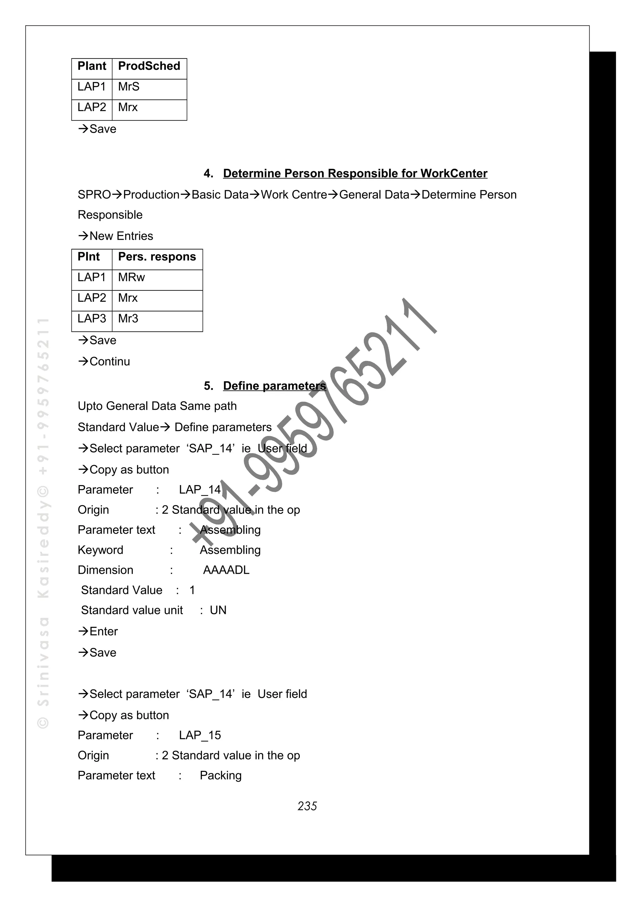 ©SrinivasaKasireddy©+91-9959765211
Plant ProdSched
LAP1 MrS
LAP2 Mrx
Save
4. Determine Person Responsible for WorkCenter
SPROProductionBasic DataWork CentreGeneral DataDetermine Person
Responsible
New Entries
Plnt Pers. respons
LAP1 MRw
LAP2 Mrx
LAP3 Mr3
Save
Continu
5. Define parameters
Upto General Data Same path
Standard Value Define parameters
Select parameter ‘SAP_14’ ie User field
Copy as button
Parameter : LAP_14
Origin : 2 Standard value in the op
Parameter text : Assembling
Keyword : Assembling
Dimension : AAAADL
Standard Value : 1
Standard value unit : UN
Enter
Save
Select parameter ‘SAP_14’ ie User field
Copy as button
Parameter : LAP_15
Origin : 2 Standard value in the op
Parameter text : Packing
235
 