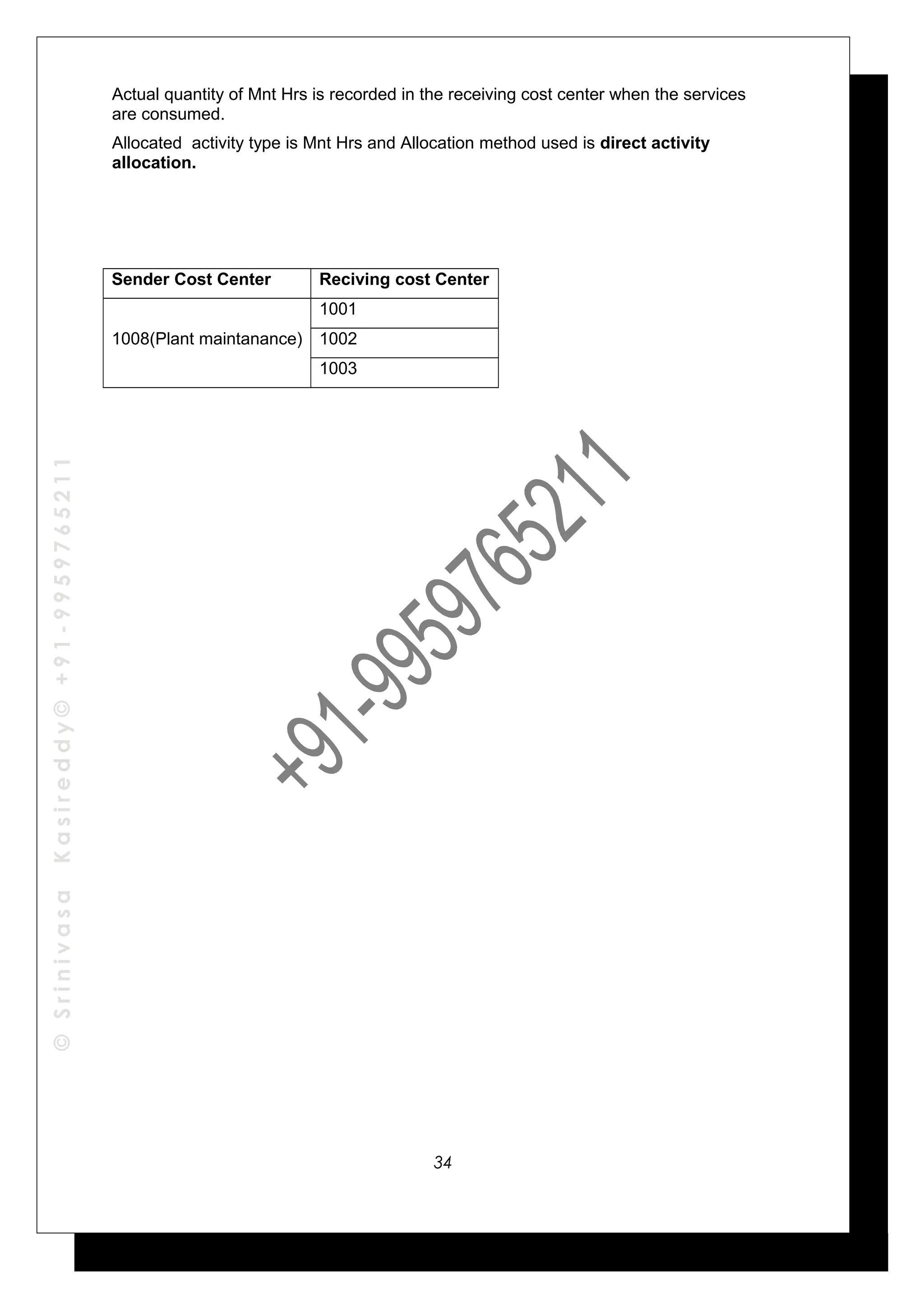 ©SrinivasaKasireddy©+91-9959765211
Actual quantity of Mnt Hrs is recorded in the receiving cost center when the services
are consumed.
Allocated activity type is Mnt Hrs and Allocation method used is direct activity
allocation.
Sender Cost Center Reciving cost Center
1008(Plant maintanance)
1001
1002
1003
34
 