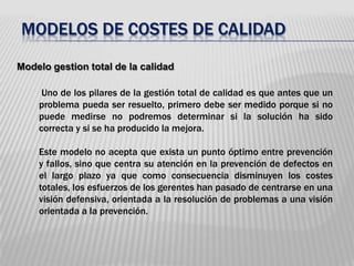 MODELOS DE COSTES DE CALIDAD Modelo Costo BeneficioEl análisis de la relación coste-volumen-beneficio consiste en la determinación del punto de equilibrio, que tiene como objetivo primordial determinar el nivel de producción para el que la empresa alcanza el equilibrio entre costes e ingresos. En este modelo se pretende analizar la influencia que el coste de calidad tiene sobre la cifra óptima de ventas para alcanzar un beneficio determinado en el ejercicio económico.
