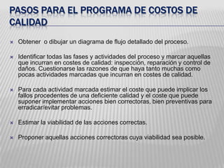 MODELOS DE COSTES DE CALIDAD FilosfiaTagushiNo se puede reducir el costo sin afectar la calidadNo se puede mejorar la calidad sin incrementar costoSe puede reducir el costo al mejorar la calidadSe puede reducir el costo al reducir la variación. La variación debe ser mínima alrededor del objetivo sin agregar costos.Calidad es “... La pérdida impartida a la sociedad desde que un producto es embarcado”