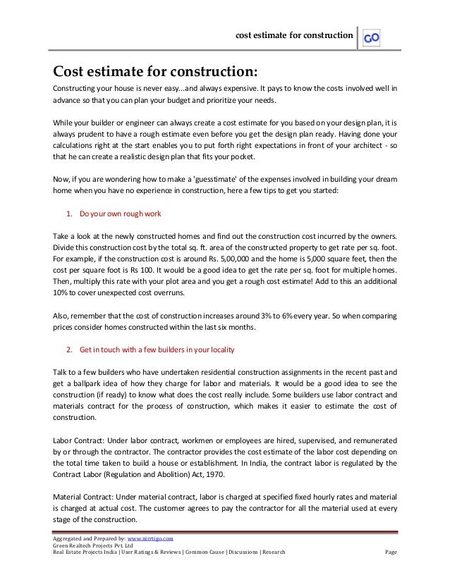 Cost Estimate For Construction