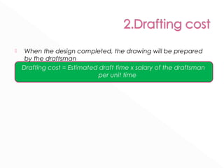  When the design completed, the drawing will be prepared 
by the draftsman 
Drafting cost = Estimated draft time x salary of the draftsman 
per unit time 
 