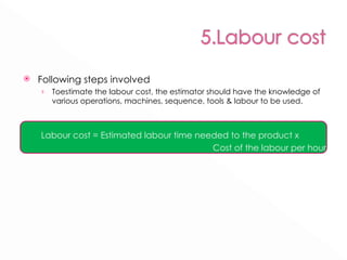 Following steps involved Toestimate the labour cost, the estimator should have the knowledge of various operations, machines, sequence, tools & labour to be used. Labour cost = Estimated labour time needed to the product x  Cost of the labour per hour 