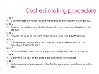 Step 1 Study the cost estimation request thoroughly and understand it completely Step 2 Analyze the product and decide the requirements and specifications of the product Step 3 Prepare the list of all the parts of the product and their bill of Materials Step 4 Take make or buy decisions and prepare a separate list of parts to be purchased &manufactured Step 5 Estimate the materials cost for the parts to be manufactured in the plant Step 6 Determine the cost of the parts to be purchased from outside Step 7 Make a manufacturing process plan for the parts to be manufactured in the plant 