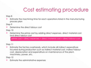 Step 8 Estimate the machining time for each operations listed in the manufacturing process plan Step 9 Determine the direct labour cost Step 10 Determine the prime cost by adding direct expenses, direct material cost, and direct labour cost prime cost = direct expenses + direct material cost + direct labour cost Step 11 Estimate the factory overheads, which include all indirect expenditure incurred during production such as indirect material cost, indirect labour cost, depreciation and expenditure on maintenance of the plant, machinery, power, etc. Step 12 Estimate the administrative expenses 