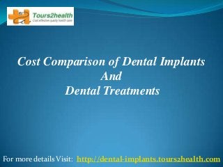 Cost Comparison of Dental Implants
                  And
            Dental Treatments




For more details Visit: http://dental-implants.tours2health.com
 