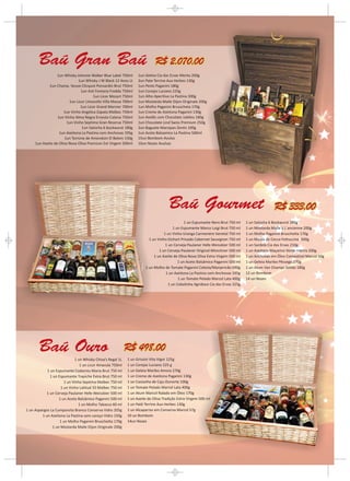 Baú Gran Baú                                                        R$ 2.070,00
                  1un Whisky Johnnie Walker Blue Label 750ml     1un Geleia Cia das Ervas Menta 260g
                               1un Whisky J W Black 12 Anos Lt   2un Pate Terrine Aux Herbes 130g
             1un Champ. Veuve Clicquot Ponsardin Brut 750ml      1un Pesto Paganini 180g
                                1un Asti Fontana Fredda 750ml    1un Cerejas Luciano 225g
                                       1un Licor Mozart 750ml    1un Alho Aperitivo La Pastina 300g
                         1un Licor Limocello Villa Massa 700ml   1un Mostarda Maile Dijon Originale 200g
                                1un Licor Grand Marnier 700ml    1un Molho Paganini Brusscheta 170g
                      1un Vinho Angelica Zapata Malbec 750ml     1un Creme de Azeitona Paganini 130g
                  1un Vinho Alma Negra Ernesto Catena 750ml      1un Avelãs com Chocolate Jubileu 180g
                        1un Vinho Septima Gran Reserva 750ml     1un Chocolate Lind Swiss Premium 250g
                                 1un Salsicha 6 bockwurst 180g   2un Baguete Marzipan Zentis 100g
                   1un Azeitona La Pastina com Anchovas 195g     1un Aceto Balsamico La Pastina 500ml
                      1un Torrone de Amendoin El Belem 150g      15un Bombom Avulso
     1un Azeite de Oliva Nova Oliva Premium Ext Virgem 500ml     10un Nozes Avulsas




                                                                                   Baú Gourmet                                                 R$ 333,00
                                                                                             1 un Espumante Nero Brut 750 ml    1 un Salsicha 6 Bockwurst 180g
                                                                                      1 un Espumante Marco Luigi Brut 750 ml    1 un Mostarda Maile à L`ancienne 200g
                                                                                1 un Vinho Uranga Carmenére Varietal 750 ml     1 un Molho Paganini Bruschetta 170g
                                                                       1 un Vinho Etchart Privado Cabernet Sauvignon 750 ml     1 un Massa de Cecco Fettuccine 500g
                                                                                 1 un Cerveja Paulaner Hefe-Weissbier 500 ml    1 un Sardela Cia das Ervas 210g
                                                                             1 un Cerveja Paulaner Original Münchner 500 ml     1 un Azeitona Maçarico Verde Inteira 200g
                                                                          1 un Azeite de Oliva Nova Oliva Extra Virgem 500 ml   1 un Anchovas em Óleo Comestível Marcol 50g
                                                                                         1 un Aceto Balsâmico Paganini 500 ml   1 un Geleia Maribo Pêssego 270g
                                                                     1 un Molho de Tomate Paganini Cebola/Manjericão 690g       1 un Atum Van Champs Sólido 180g
                                                                                 1 un Azeitona La Pastina com Anchovas 195g     12 un Bombom
                                                                                         1 un Tomate Pelado Marcol Lata 400g    14 un Nozes
                                                                                   1 un Cebolinha Agridoce Cia das Ervas 325g




       Baú Ouro                                            R$ 498,00
                            1 un Whisky Chiva’s Regal 1L   1 un Grissini Vita Vigor 125g
                               1 un Licor Amarula 750ml    1 un Cerejas Luciano 225 g
            1 un Espumante Codorniu Maria Brut 750 ml      1 un Geleia Maribo Amora 270g
              1 un Espumante Trapiche Extra Brut 750 ml    1 un Creme de Azeitona Paganini 130g
                      1 un Vinho Septima Malbec 750 ml     1 un Castanha de Caju Dunorte 100g
                    1 un Vinho Latitud 33 Malbec 750 ml    1 un Tomate Pelado Marcol Lata 400g
            1 un Cerveja Paulaner Hefe-Weissbier 500 ml    1 un Atum Marcol Ralado em Óleo 170g
                   1 un Aceto Balsâmico Paganini 500 ml    1 un Azeite de Oliva Tradição Extra Virgem 500 ml
                              1 un Molho Tabasco 60 ml     1 un Patê Terrine Aux Herbes 130g
1 un Aspargos La Cumparsita Branco Conserva Vidro 205g     1 un Alcaparras em Conserva Marcol 57g
         1 un Azeitona La Pastina sem caroço Vidro 150g    10 un Bombom
                    1 un Molho Paganini Bruschetta 170g    14un Nozes
               1 un Mostarda Maile Dijon Originale 200g
 