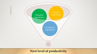 Next level of productivity
Consistency
ingredients
Essential
ingredients
Growth
ingredients
 