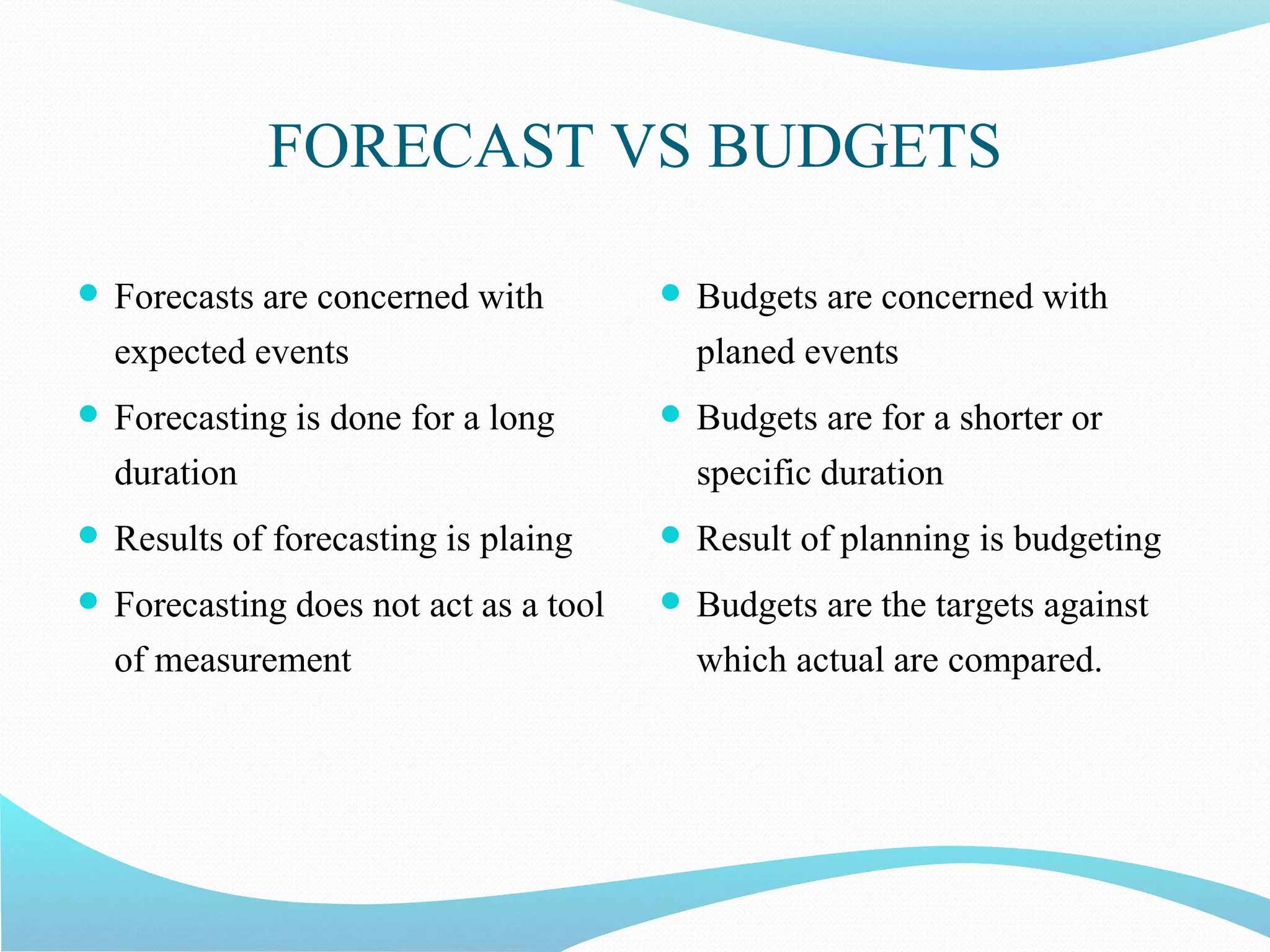 FORECAST VS BUDGETS
 Forecasts are concerned with
expected events
 Forecasting is done for a long
duration
 Results of forecasting is plaing
 Forecasting does not act as a tool
of measurement
 Budgets are concerned with
planed events
 Budgets are for a shorter or
specific duration
 Result of planning is budgeting
 Budgets are the targets against
which actual are compared.
 