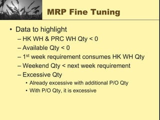 MRP Fine TuningPurposeSpot out the following problemsAbnormal balanceReveal Shortage to trigger pull-inReveal Excessive Stock to trigger push-outInsufficiency of inventory balance
