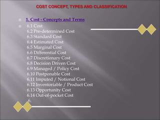  1. Cost - Concepts and Terms
 6.1 Cost
6.2 Pre-determined Cost
6.3 Standard Cost
6.4 Estimated Cost
6.5 Marginal Cost
6.6 Differential Cost
6.7 Discretionary Cost
6.8 Decision Driven Cost
6.9 Managed / Policy Cost
6.10 Postponable Cost
6.11 Imputed / Notional Cost
6.12 Inventoriable / Product Cost
6.13 Opportunity Cost
6.14 Out-of-pocket Cost
6.
 