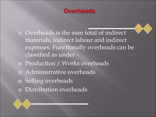  Overheads is the sum total of indirect
materials, indirect labour and indirect
expenses. Functionally overheads can be
classified as under -
 Production / Works overheads
 Administrative overheads
 Selling overheads
 Distribution overheads
 