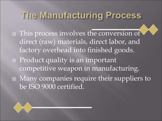  This process involves the conversion of
direct (raw) materials, direct labor, and
factory overhead into finished goods.
 Product quality is an important
competitive weapon in manufacturing.
 Many companies require their suppliers to
be ISO 9000 certified.
 