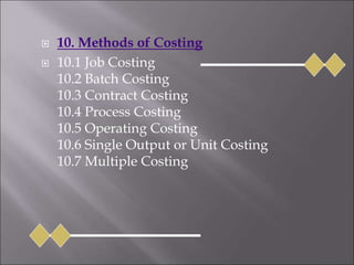  10. Methods of Costing
 10.1 Job Costing
10.2 Batch Costing
10.3 Contract Costing
10.4 Process Costing
10.5 Operating Costing
10.6 Single Output or Unit Costing
10.7 Multiple Costing
 